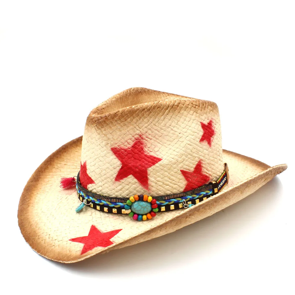 Соломенная Женская Ковбойская шляпа в западном стиле с кисточкой, кожаный ремешок, звезда, леди, папа, сомбреро, Hombre, ковбойская, джазовая шапка, размер 58 см