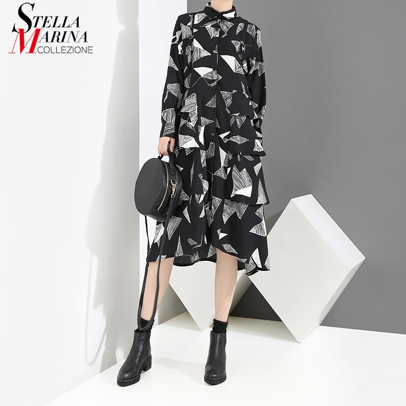 

2018 Women Autumn Black Shirt Dress Long Sleeve Geometrical Pattern Printed Female Stylish Elegant Party Dresses Robe Femme 3917