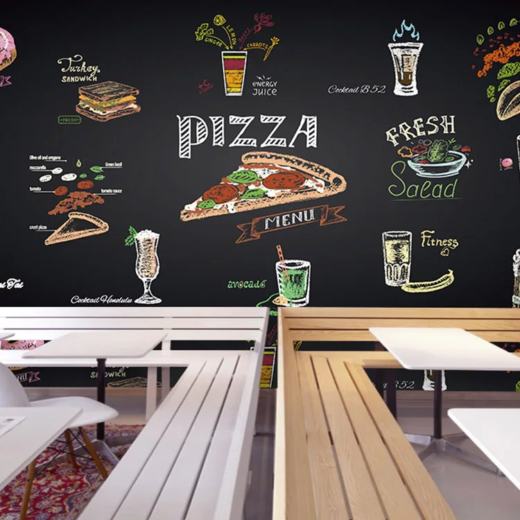 

Custom 3d Hand painted chalk pizza juice mural custom fast food restaurant colorful blackboard wallpaper