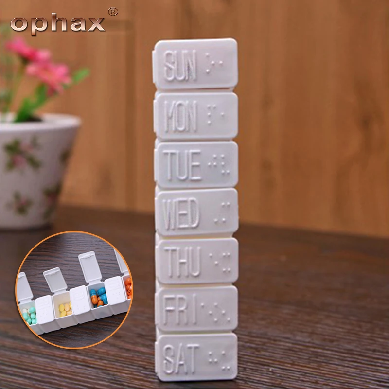 

OPHAX 1pc Plastic Medicine Pill Box 7 Days Weekly Organizer Container Medicine Storage Pill Splitters Braille Identification