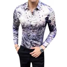 Брендовая Новая мужская рубашка платье Мода Лето с длинным рукавом Повседневные мужские рубашки цифровая печать тонкая посадка Нежные мужские вечерние рубашки смокинг