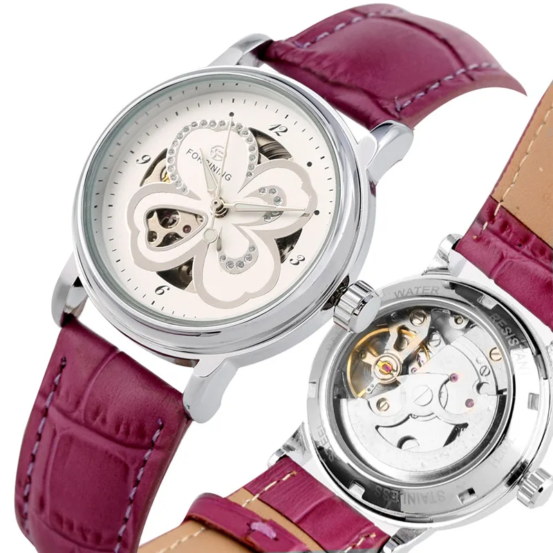 Роскошные светящиеся автоматические механические часы для женщин с уникальным циферблатом в форме цветка, повседневные механические наручные часы с бриллиантами