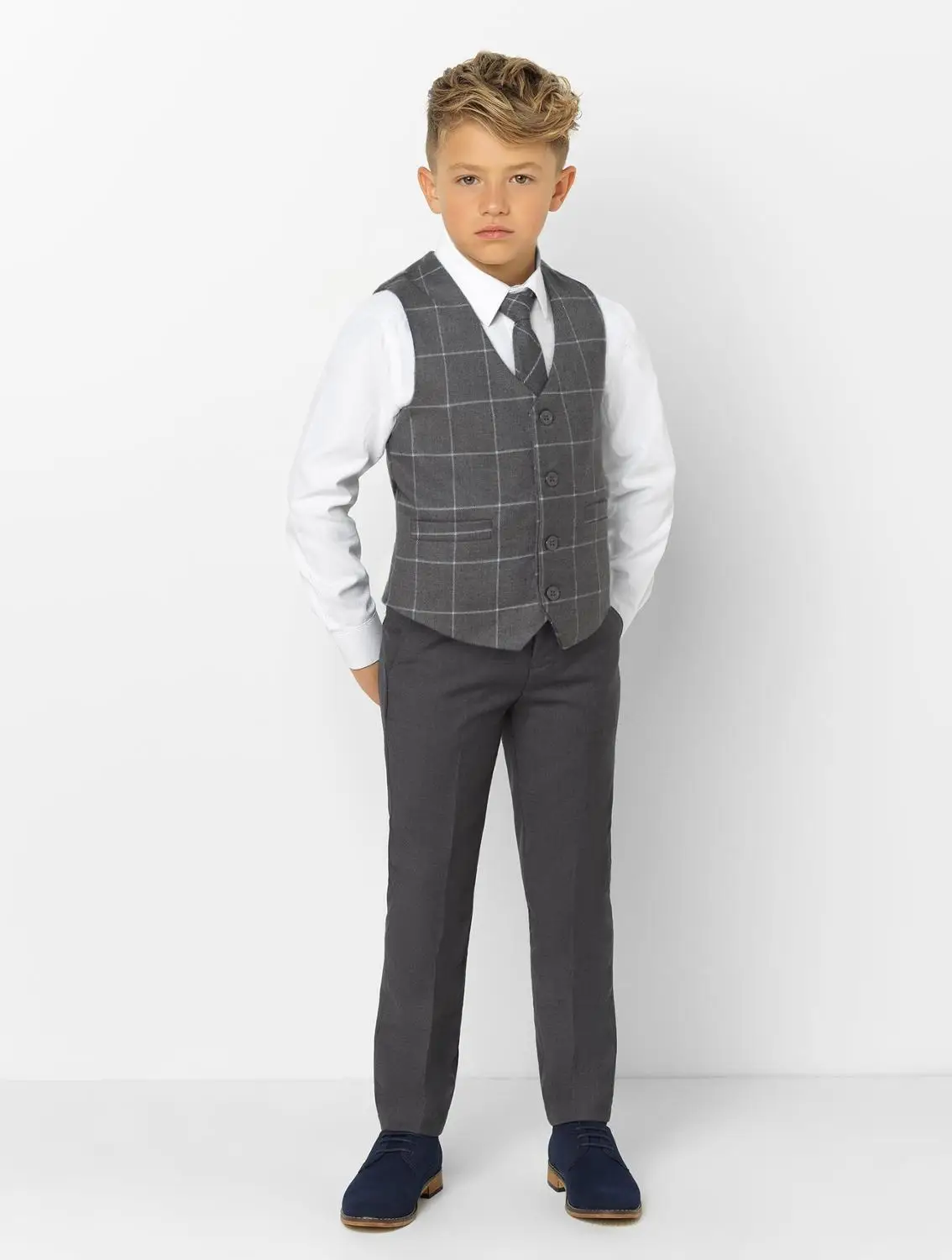 Темно-серый лацкан с тупым углом Детские костюмы модная детская одежда, комплект для мальчиков, официальные, выпускные костюмы(пиджак+ штаны+ галстук+ жилет