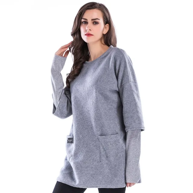 New Autumn Winter T Shirt Women Casual Split Joint Sleeve Woolen Long T ...