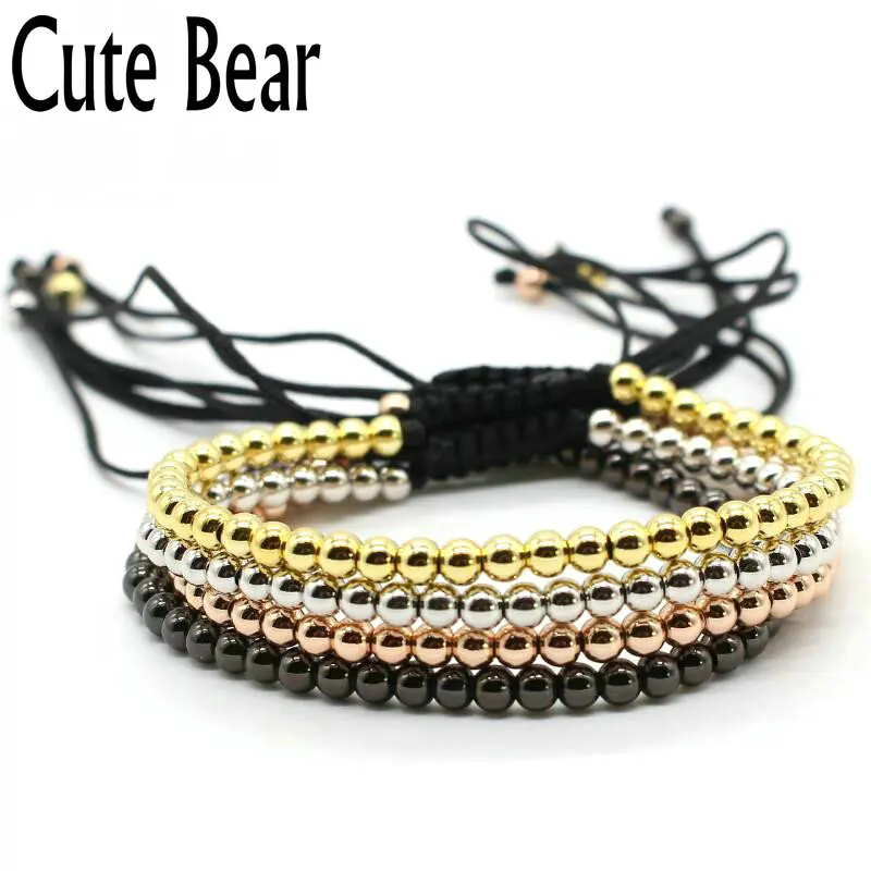 

Cute Bear Brand 4mm Round Copper Beads Bracelets Fashion Jewelry Black Woven Rope Bracelet Women Macrame Bracelet Men Gift