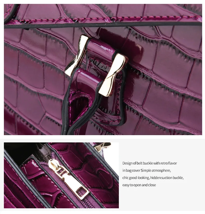 Vintage Women's Handbag Patent Leather Crocodile Pattern Female Tote Famous Fashion Brand Shoulder Bag Red Purple Top-Handle Bag (15)