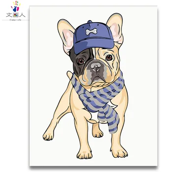 

DIY oil painting pictures by numbers with kits,Shapi dog with hat animal art picture coloring by numbers for living room decor