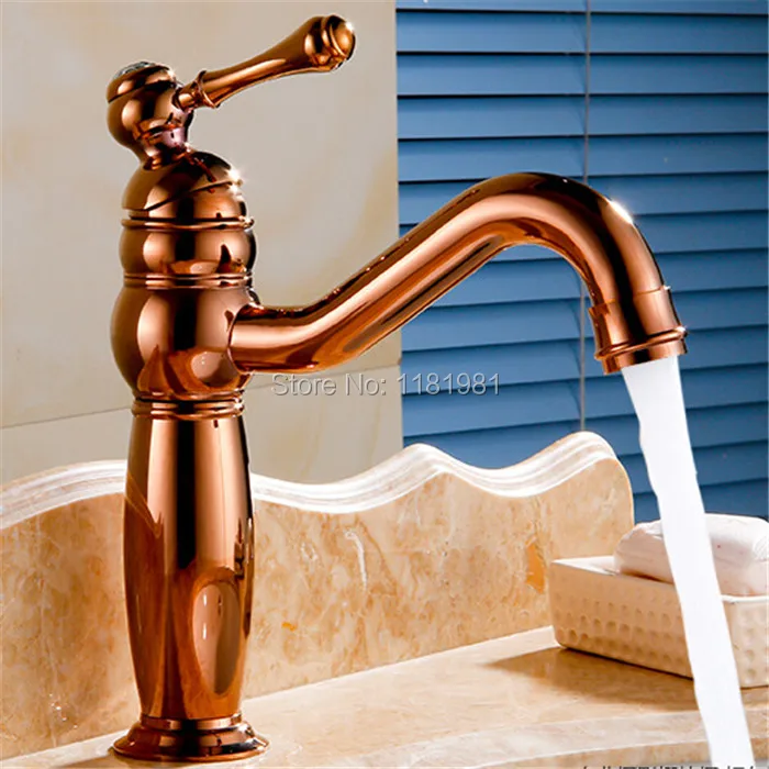 Rose Gold-plated long mouth single hole deck mounted brass artistic basin faucet MDN-2