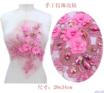 

handmade rose pink Hot drilling Rhinestone lace embroidery patch applique wedding dress bordados DIY Performance clothing