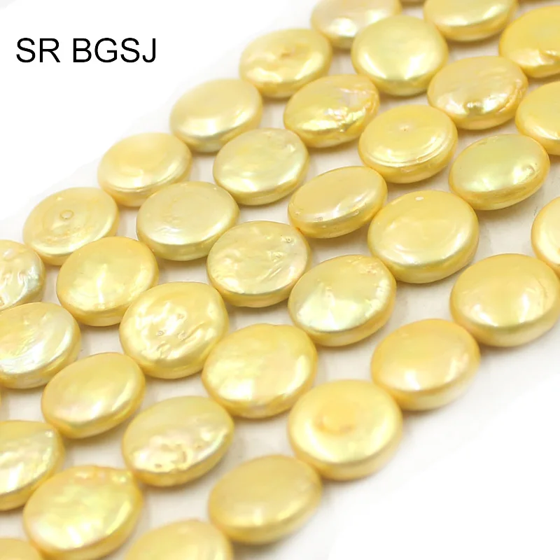 Free Shipping 12-13mm Champagne Coin Pearls Jewelry Accessories Natural Freshwater DIY Pearl Beads Strand 15"
