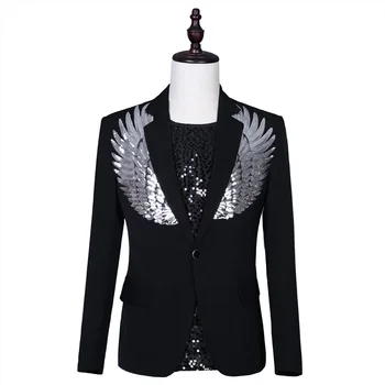 

2019 night bar stage DJ performance clothing male singer two-color colorful sequins Slim suit costumes Punk suit jacket Cosplay