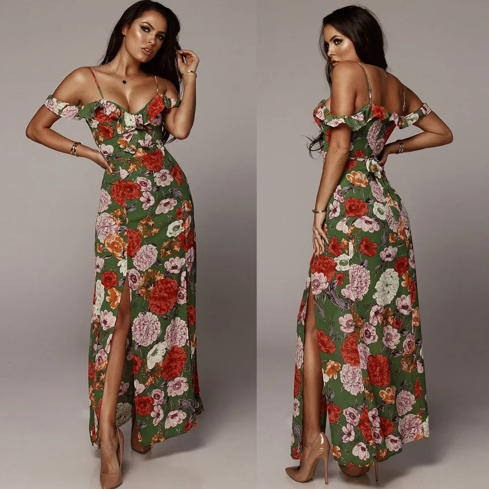 

Womens Summer Casual Print Cold shoulder Lady Sling Beach Long Maxi Dress floral Sleeveless High-Split Evening Party Bohemian