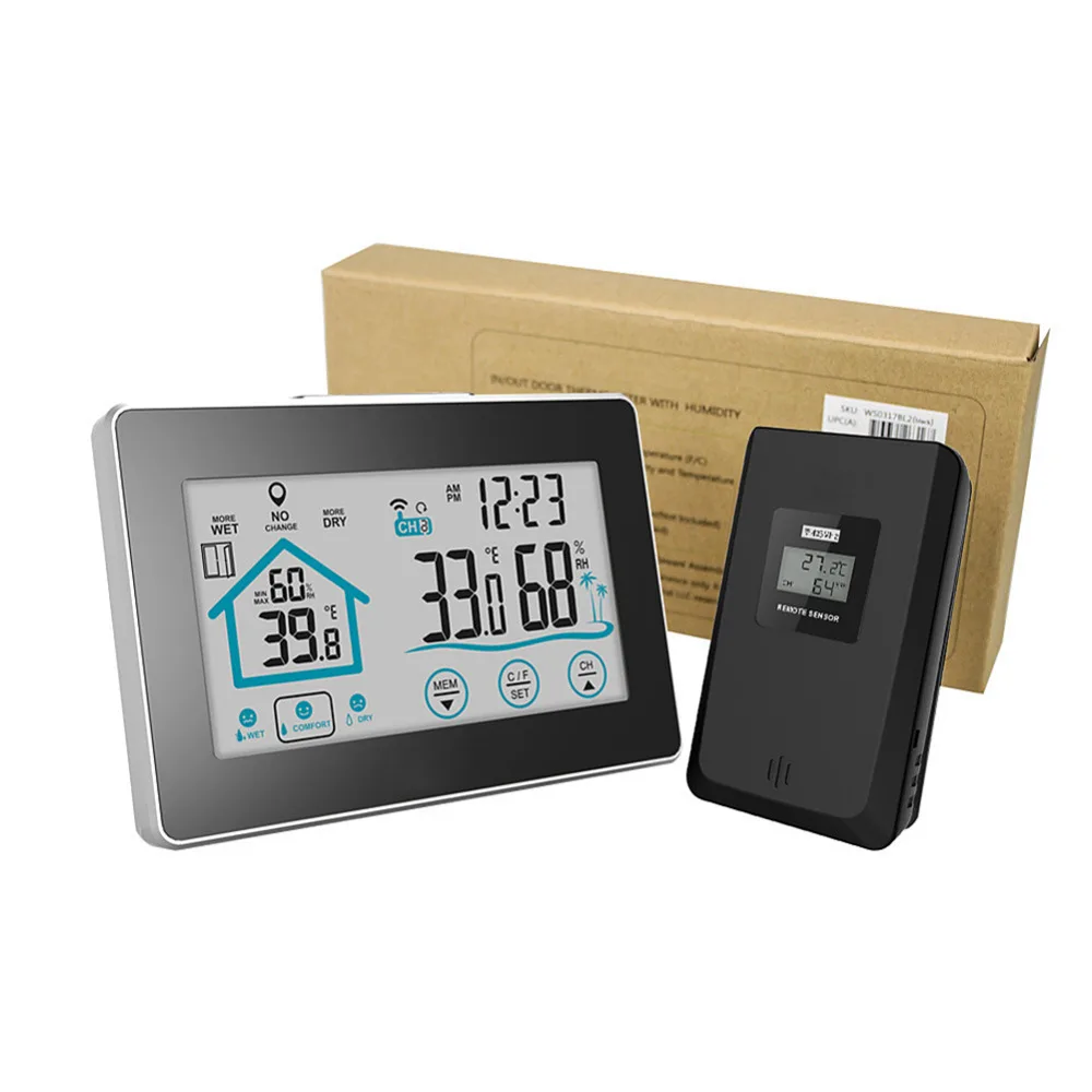 

Digital Weather Station Temperature Humidity Meter Sensor Hygrometer Thermometer Wireless Touch LCD Clock Indoor Outdoor