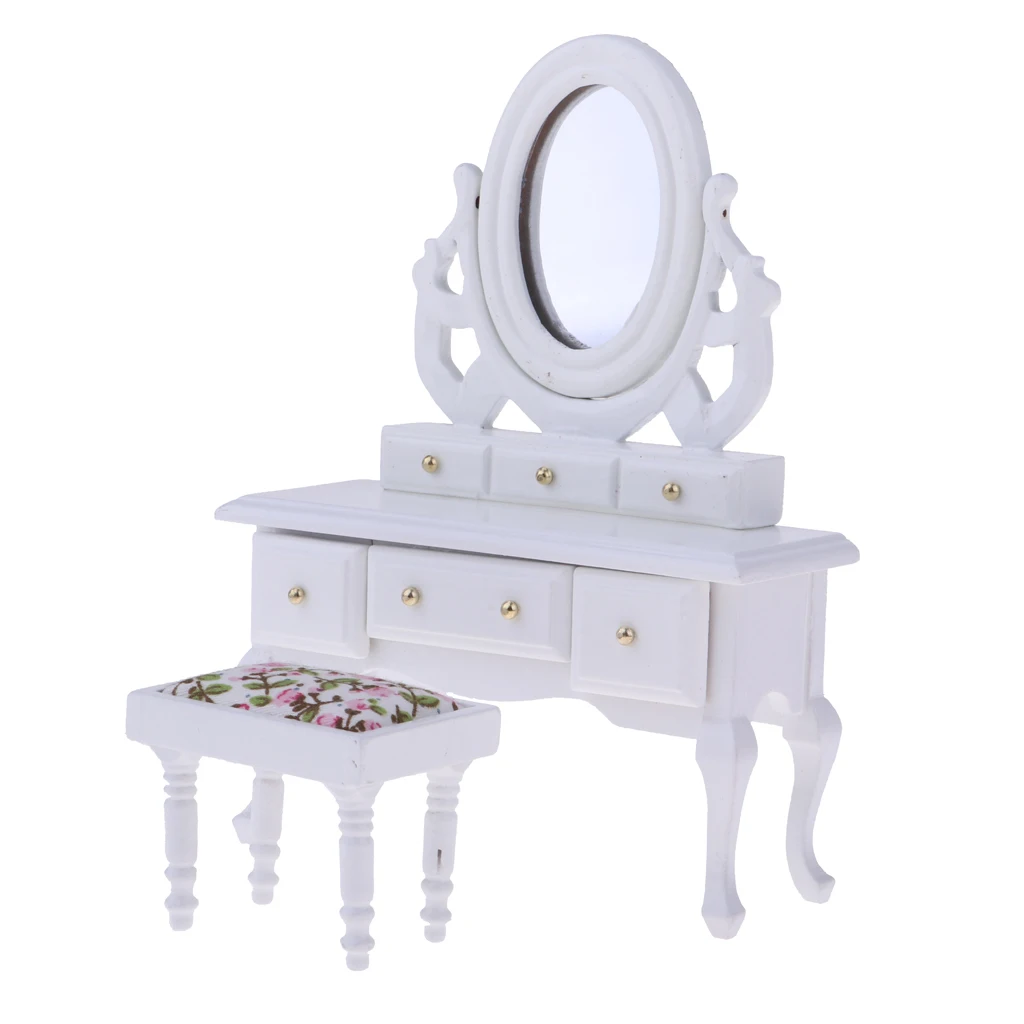 Dollhouse Vanity Set - 1:12 Dolls House Furniture Dressing Table  Stool Set with Stool and Mirror Set, Wooden & White