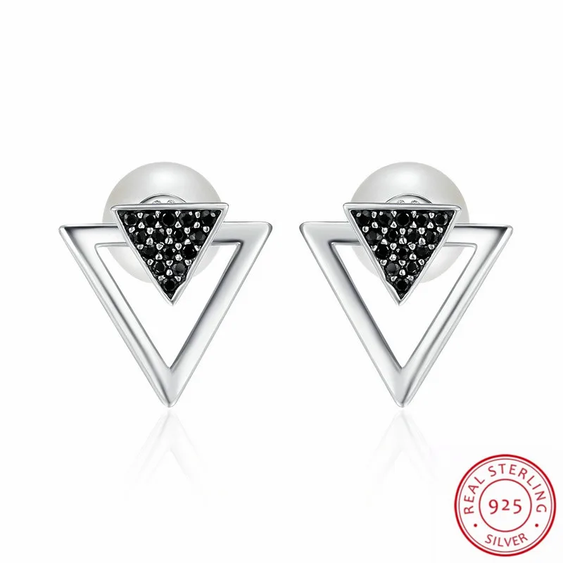 

LJ&OMR 100% 925 Sterling Silver Geometric Triangle with Beaded Pearl & Clear CZ Stud Earrings for Women Luxury Brincos Jewelry