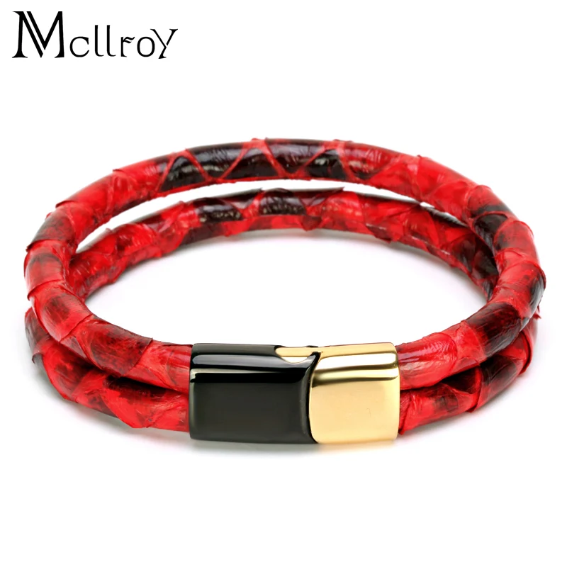 

Mcllroy Leather bracelet Real Snake skin Titanium bracelet Stainless steel button Mix color Double layer Charm bangles Pulseras