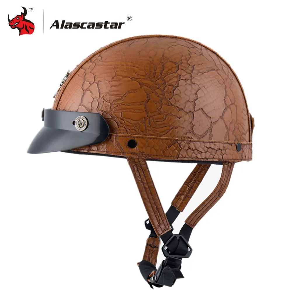 

Motorcycle Helmet Scooter Retro Vintage Style Moto Helmet Open Face Half Leather Helmet With Visor Men Motocross Helmet