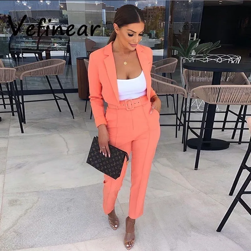 

Vefinear New Elegant Official Suits 2019 Solid 2 Piece Set Women Autumn Winter Suit Overalls Women Two Piece Set Top And Pants