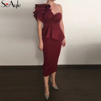 

SoAyle One Shoulder Tea Length Slim Celebrity Night Party Dress Women Sexy Bodycon 2018 Ruffles Evening Dresses