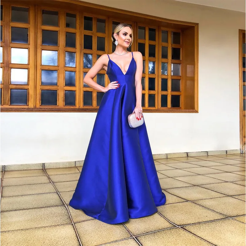 

new arrival 2019 summer maxi dresses for women blue v neck backless robe longue femme formal dress women elegant free shiping