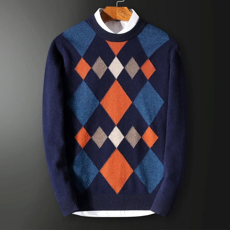 2018 diamond shaped pattern pure wool winter men's round neck sweater