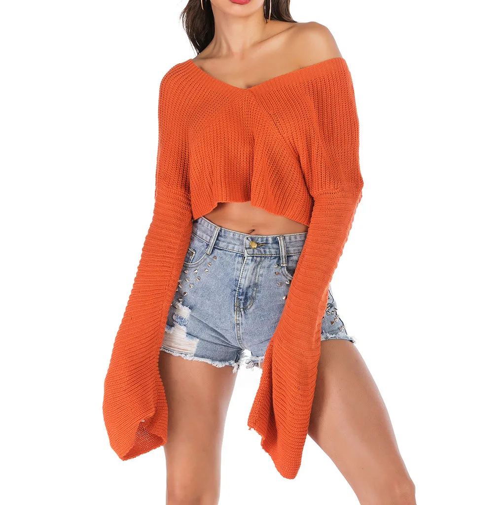 

JAYCOSIN sweater Women winter loose Sexy Pullover unif Solid Knitted Long Sleeve V-Neck Short Blouse Tops 19 fashion jumper 9721