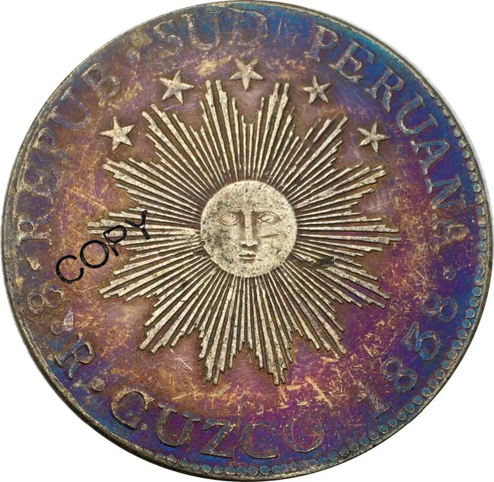 Перу 1838 Южная Cuzco MS 8 Reales Sun Face вулкан песо Латунное покрытие Серебряная копия