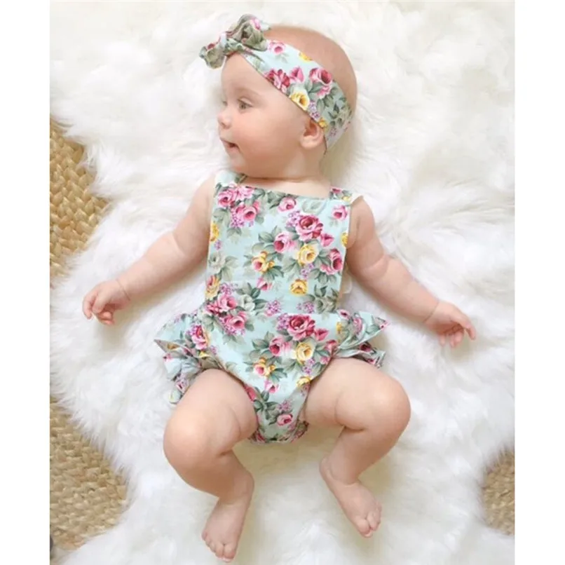 

Summer Babys Romper Girls Newborn Baby Girls Floral Lace Jumpsuit Romper+Floral Headband Baby Girl Clothes Baby Costume #BL4