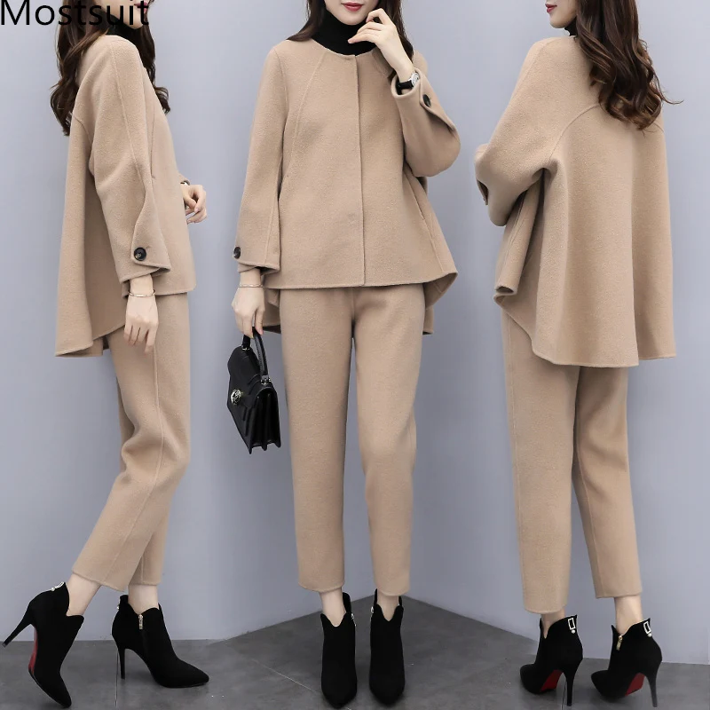 Camel Woolen Two Piece Set Women Winter Long Sleeve Tops And Pants Trousers Sets Suits Office 2 Piece Set Women's Sets Black