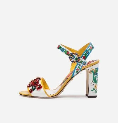 

Newest Style Flower Embellished Ankle Buckle Strap Sandals Real Photo Women Floral Print High Chunky Heel Banquet Shoes