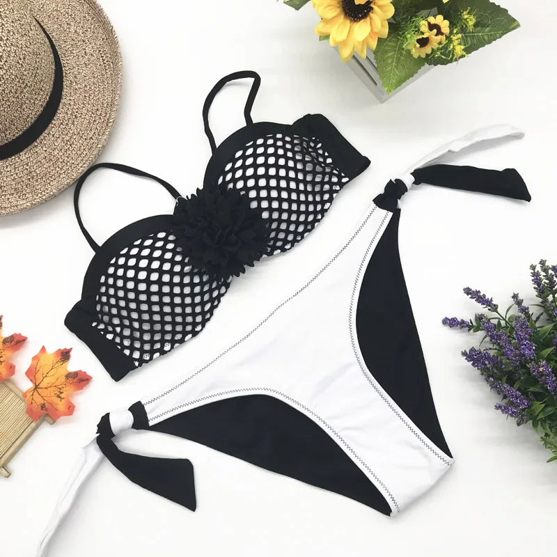 

Ladies Swimsuit Set Black White Grid Split Sling Bikini Briefs for Beach Party WHShopping