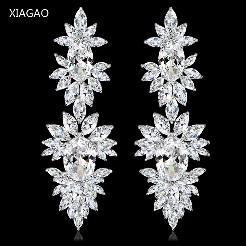 

XIAGAO Luxury White Leave Shape Dangle White Gold-color Earrings with Tiny AAA Cubic Zirconia Stone Jewelry for Wedding Women