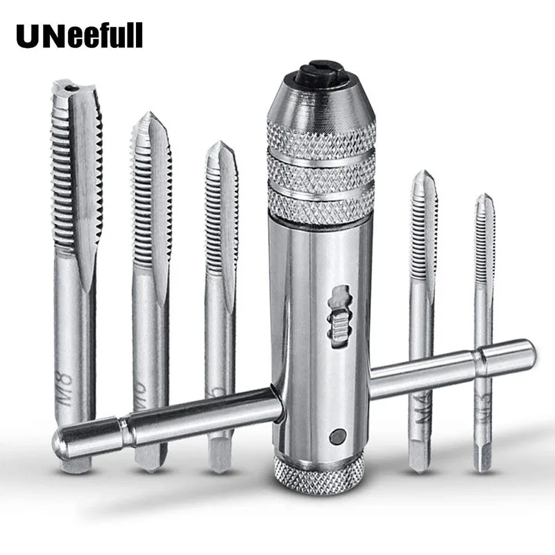 

UNeefull 5PCS T-Handle Reversible Ratchet Wrench Tapping Threading Tools Set with Hand Screw Tap Adjustable M3-M8 Drill Bit Set
