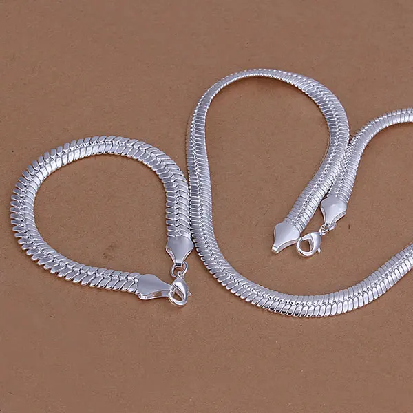 

S214 Wholesale, free shipping 925 silver jewelry set, fashion jewelry set 10M Flat Snake Bracelet Necklace Jewelry Set