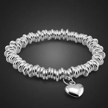 

Fashion elastic sterling silver bracelet solid 925 silver bracelet woman.Contracted heart-shaped pendant bracelet.Silver jewelry