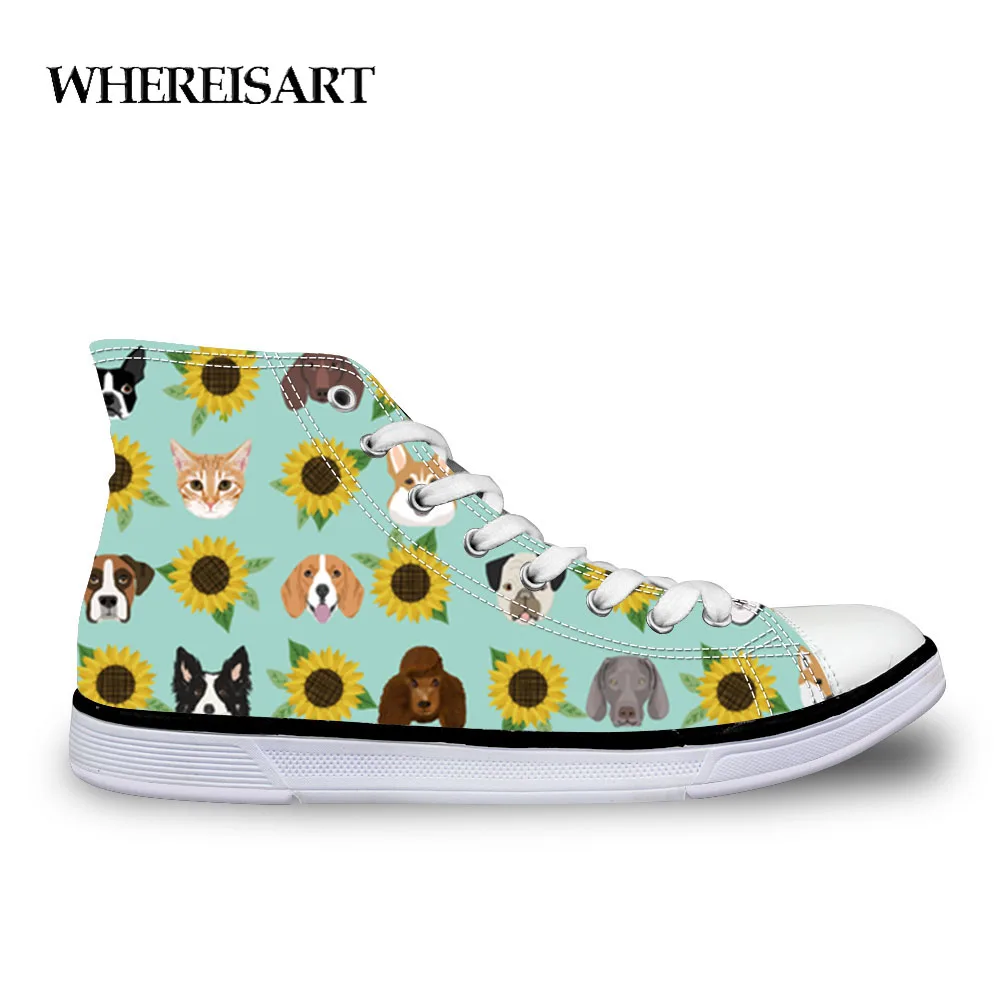 

WHEREISART Dogs and Cats Heads Sunflower Florals Sneakers Women Vulcanize Shoes Tenis Feminino Lace-up Casual Shoes Breathable
