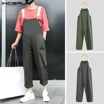 

INCERUN Stylish Casual Rompers Men Cotton Hip-hop Solid Pockets Pants Loose Chic Straps Overalls Streetwear Men Jumpsuits 2020