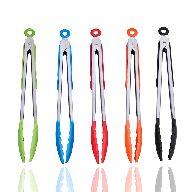 

Colorful 1 Piece BBQ Tongs w/ Silicone Cover Handle Kitchen Tongs Lock Design Barbecue Clip Clamp Stainless steel Food Tongs