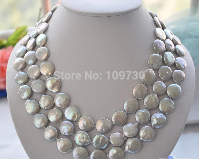 

Jewelr 003255 3row 14mm gray coin freshwater pearl necklace