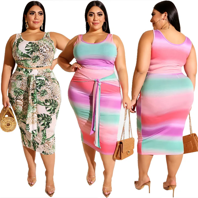 

Summer Casual Style 2 Piece Set Womentight Fitting Bag Hips Printed Skirt Mid-calf Length Short Vest Top Sleeveless Plus Size