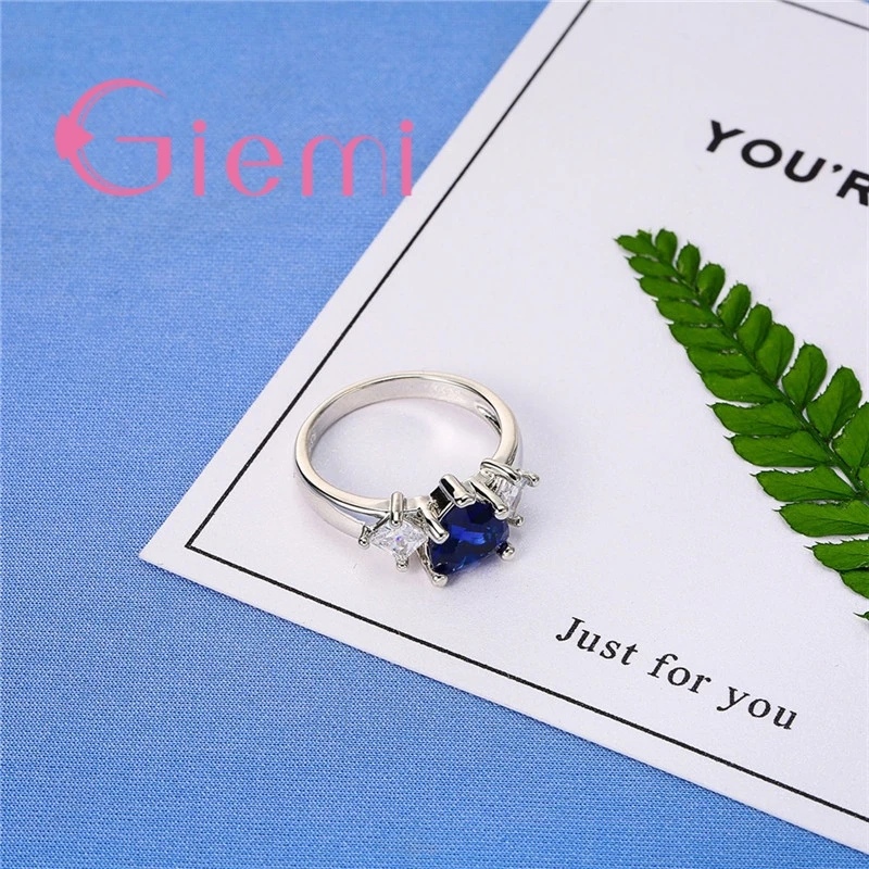 Top Quality Clear Blue Crystal Love Heart Shape 925 Sterling Silver  Women Finger Rings for Wedding Bridal Wholesale