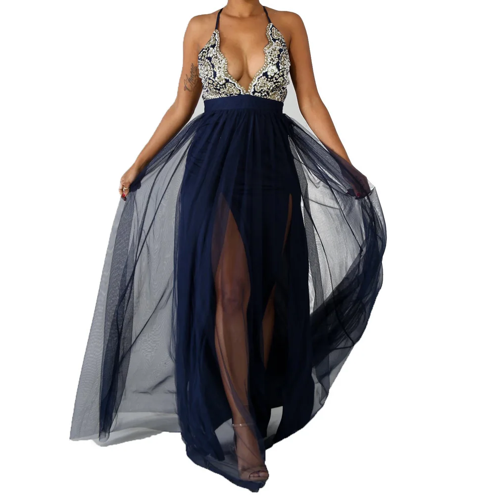 

Sexy Deep V Neck Sleeveless Patchwork Bling Diamond Maxi Dresses Fashion Backless Off Shoulder Mesh Dress Summer Party Club Wear