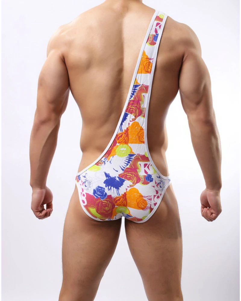 Men Jumpsuit Sexy One Shoulder Bodysuit Mankini Swimwear Men's Printed Cotton Sexy Lingerie Bodysuits Fancy Costume Men Clubwear