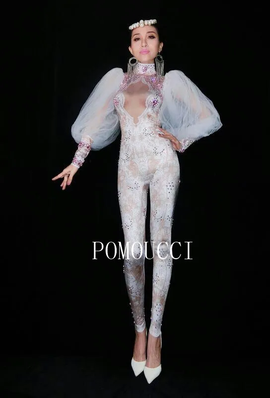 

2018 Women New Fashion White Lace Sleeves Rhinestones Jumpsuit Sexy Women's Leggings One Piece Performance Stage Costume Outfit