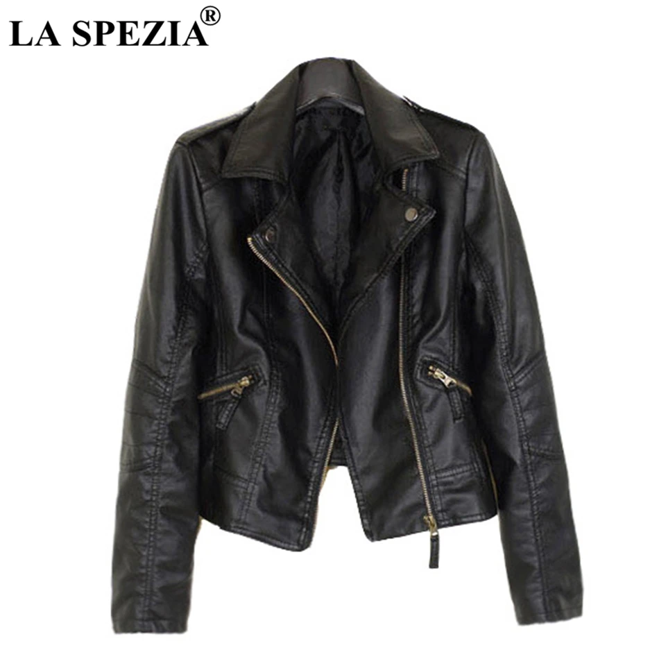 LA SPEZIA Leather Short Jacket Women Black Zipper Coats Ladies Slim Fit Motorcycle Rock Pockets Classic Autumn Winter Clothing 