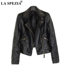 LA SPEZIA Leather Short Jacket Women Black Zipper Coats Ladies Slim Fit Motorcycle Rock Pockets Classic Autumn Winter Clothing 