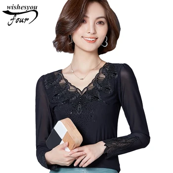 

new Korean long-sleeved lace stitching net yarn women autumn bottoming shirt hot drilling solid women lace blouse top 86C 30