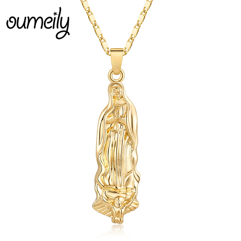 

OUMEILY Jesus Mother Virgin Mary Pendant Necklace for Women Men Chain Gold Color Catholic Christian Jewelry Statement Necklace