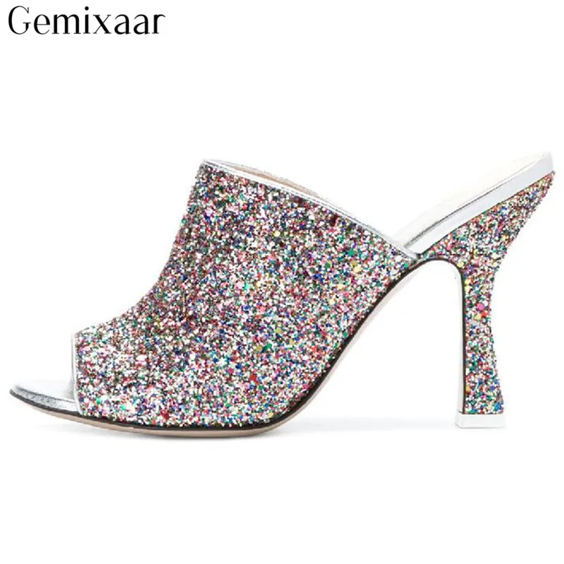 

Chic Summer Colorful Bling Drill Rhinestone High Kitten Heel Women Shoes Peep Toe Beach Shoes Sweet Silver Jewelry Slippers