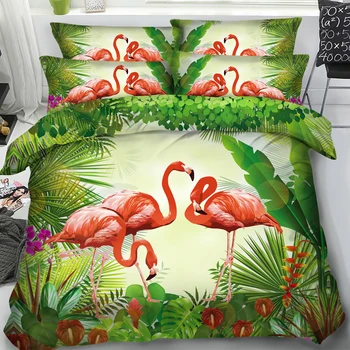 

3D Printed Pink Flamingo and Green Tropical Plant Bedding Sets Hypoallergenic, Wrinkle & Fade Resistant Home Collection 3/4Piece